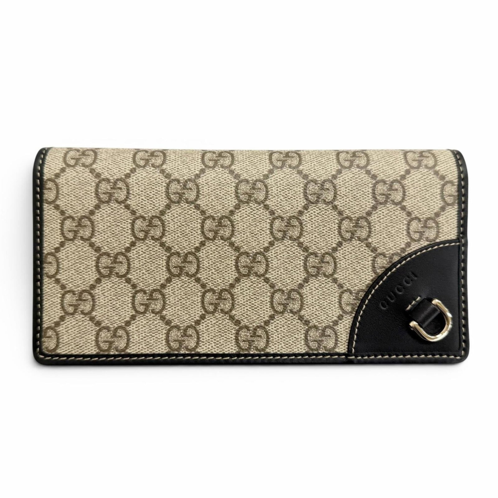 Canvas Leather Bi fold Long Wallet Gucci: Canvas Leather Bi fold Long Wallet Gucci Canvas Leather Bi Fold Long Wallet Gucci features GG canvas and leather construction, with a classic beige and black color combination. The bi-fold design