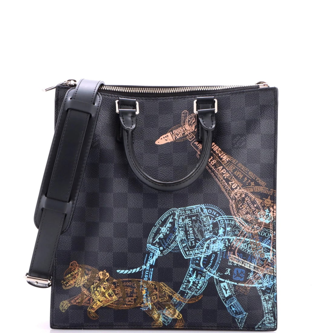 Wild Animals Damier Graphite Limited Edition Cross Sac Plat Louis Vuitton: Wild Animals Damier Graphite Limited Edition Cross Sac Plat Louis Vuitton Black canvas coated Louis Vuitton Sac Plat Cross Bag with Wild Animals Damier Graphite Limited Edition design, featuring a