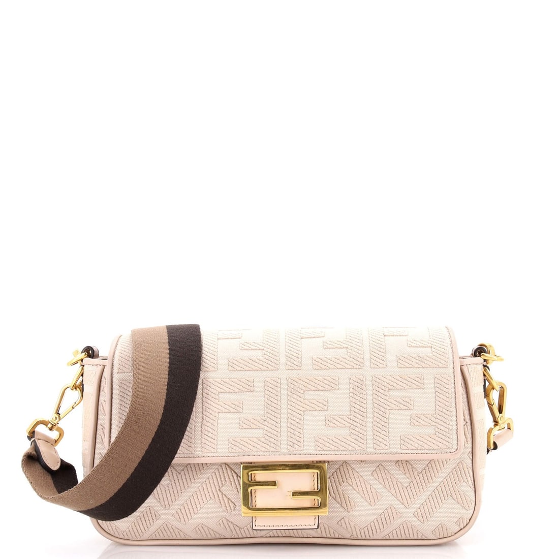 Fendi Baguette NM Bag Zucca Embroidered Canvas Medium: Fendi Baguette NM Bag Zucca Embroidered Canvas Medium The Fendi Baguette NM Bag Zucca Embroidered Canvas Medium is a stylish shoulder bag with a neutral exterior and a unique embroidered design.