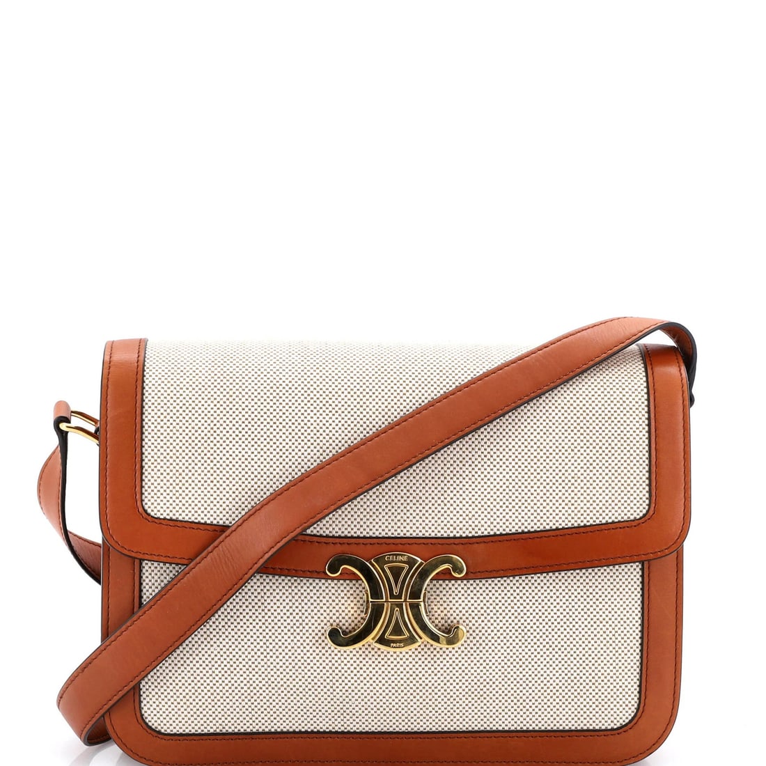 Shoulder Bag Canvas Celine Triomphe Medium Leather: Shoulder Bag Canvas Celine Triomphe Medium Leather The Celine Triomphe Medium Shoulder Bag Canvas with Leather is a neutral-toned, medium-sized cross-body bag featuring a canvas exterior and leather