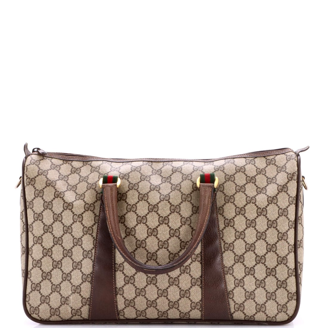 Gucci Coated Canvas Medium Convertible Duffle Bag: Gucci Coated Canvas Medium Convertible Duffle Bag Brown GG Coated Canvas Medium Convertible Duffle Bag with Vintage Convertible Style, featuring a neutral interior and gold hardware, measures 9"