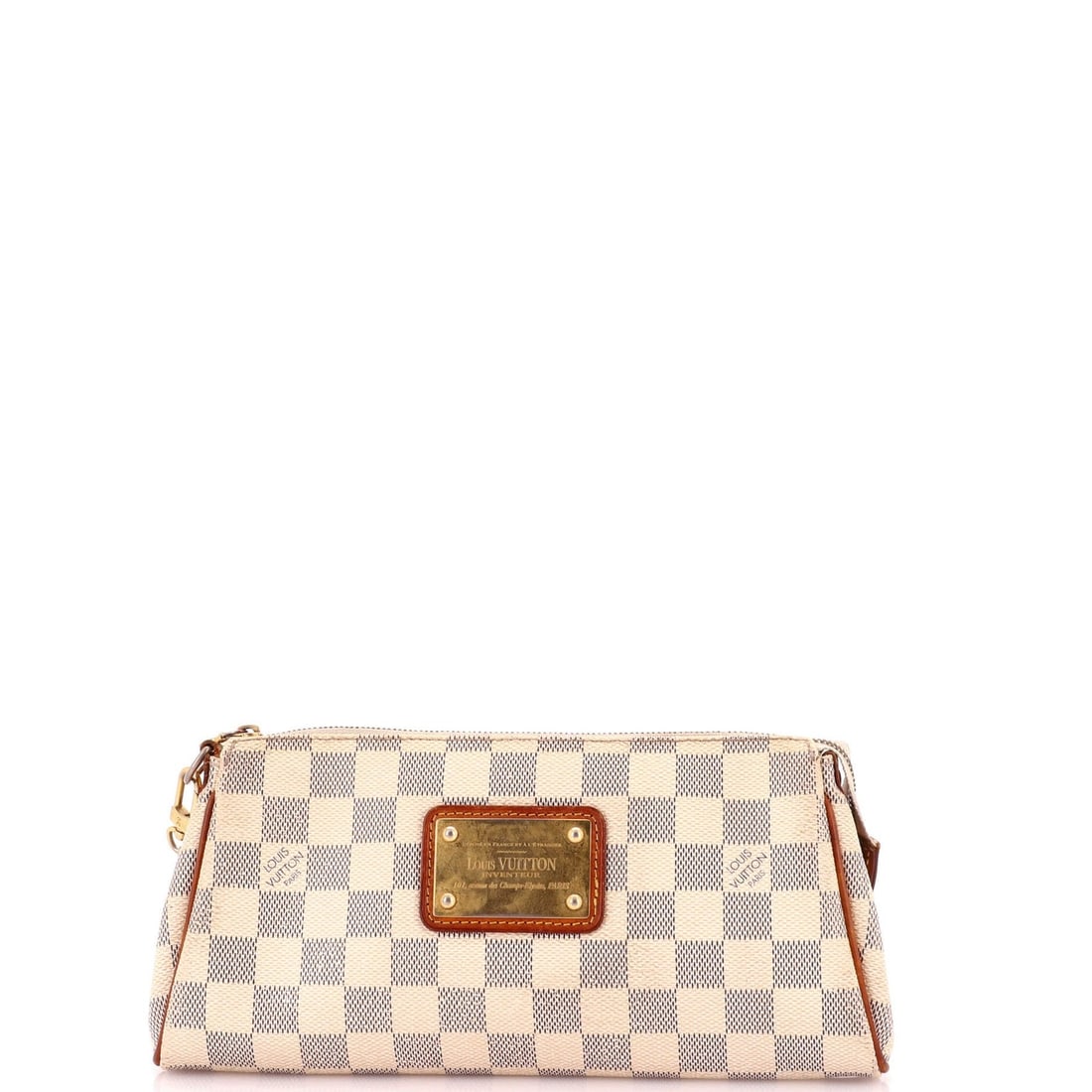 Damier Eva Handbag Louis Vuitton: Damier Eva Handbag Louis Vuitton The Damier Eva Handbag Louis Vuitton is a unique canvas-coated clutch featuring a striking white exterior with neutral interior. Notable for its distinctive Damier