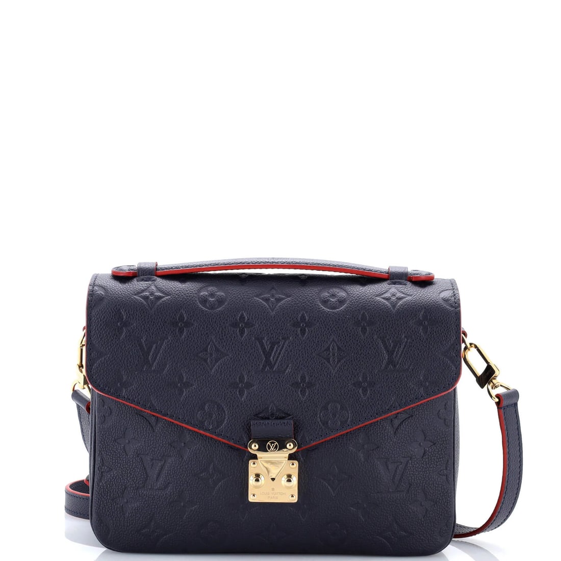 Empreinte Leather Pochette Monogram Vuitton Louis: Empreinte Leather Pochette Monogram Vuitton Louis Blue Empreinte Leather Pochette Monogram Vuitton Louis with minor scuffs, creases, and edge wear. This cross body bag features a 7.5" height, 10"