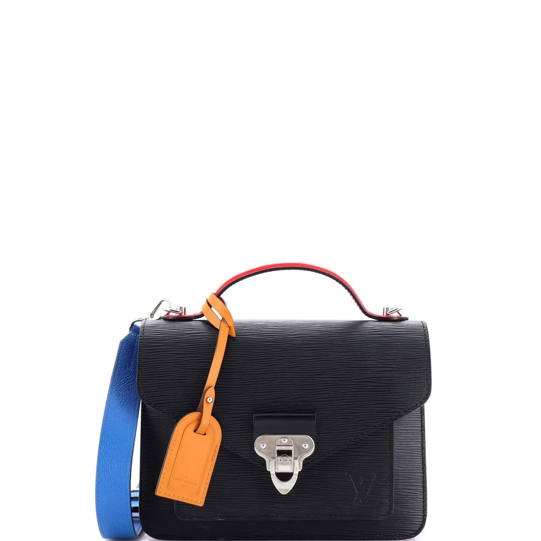 Louis Vuitton Neo Monceau Epi Leather Handbag: Louis Vuitton Neo Monceau Epi Leather Handbag Black Epi Leather Louis Vuitton Neo Monceau Satchel with Microfiber Red Interior and Silver Hardware, featuring a signature and measures 7" tall with