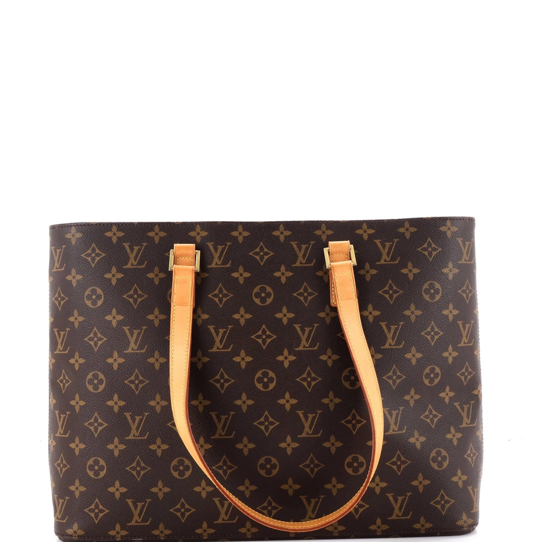 Luco Handbag Monogram Louis Vuitton: Luco Handbag Monogram Louis Vuitton Brown Luco Handbag Monogram Louis Vuitton features a canvas coated exterior with minor creases and corner wear, and a neutral microfiber interior. The bag measures