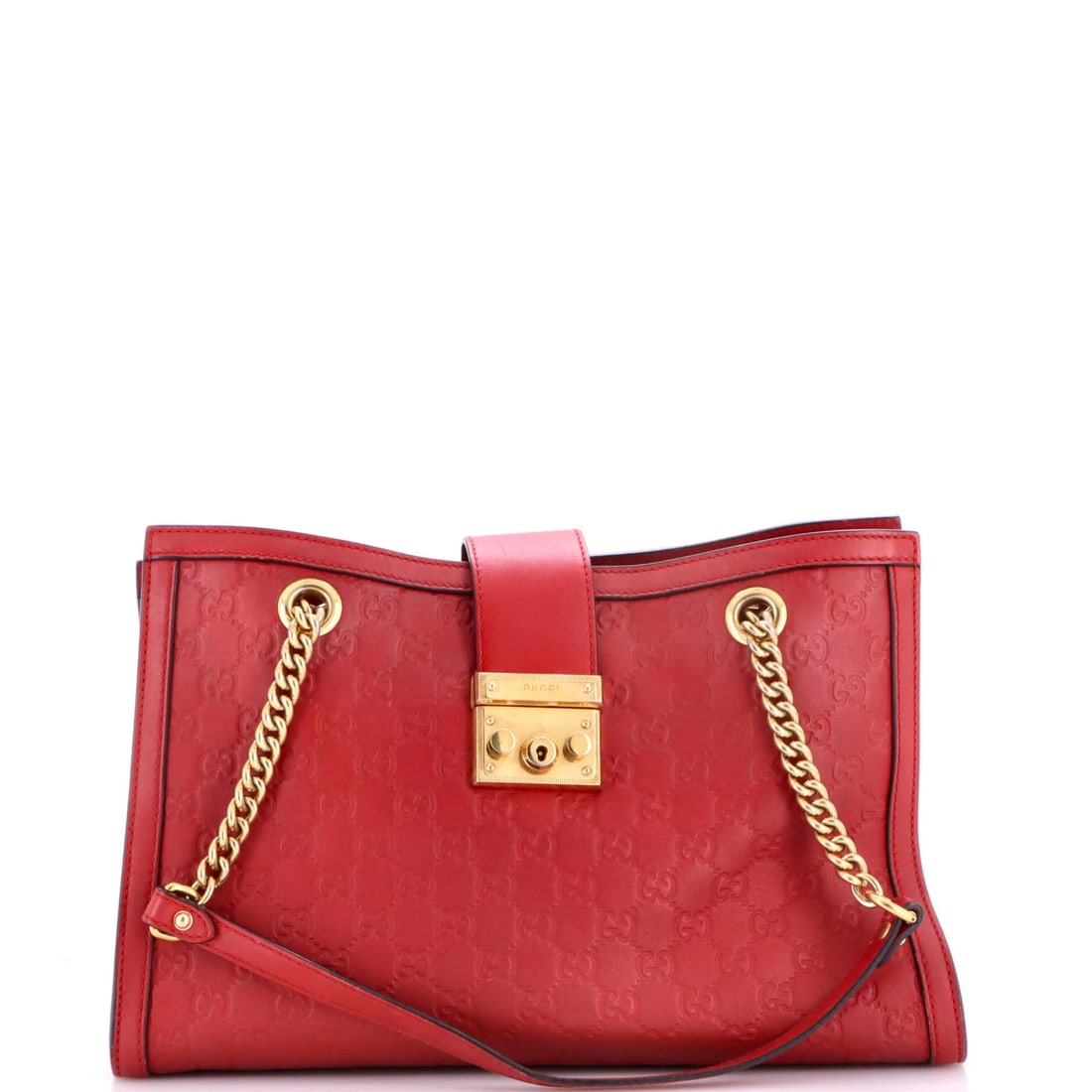 Gucci Guccissima Tote Chain Medium Leather Padlock: Gucci Guccissima Tote Chain Medium Leather Padlock The Gucci Guccissima Tote Chain Medium Leather Padlock boasts a striking red exterior and sleek, gold hardware, making it a bold and eye-catching