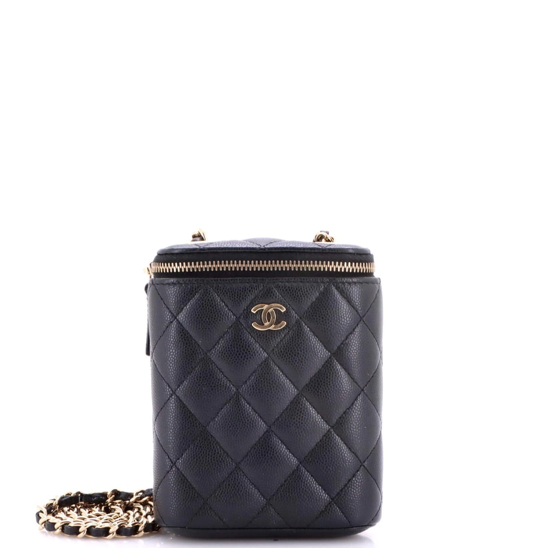Classic Vertical Caviar Chain Quilted Chanel Small Vanity Case: Classic Vertical Caviar Chain Quilted Chanel Small Vanity Case The Classic Vertical Caviar Chain Quilted Chanel Small Vanity Case boasts a timeless design with its chain quilted exterior in sleek blac