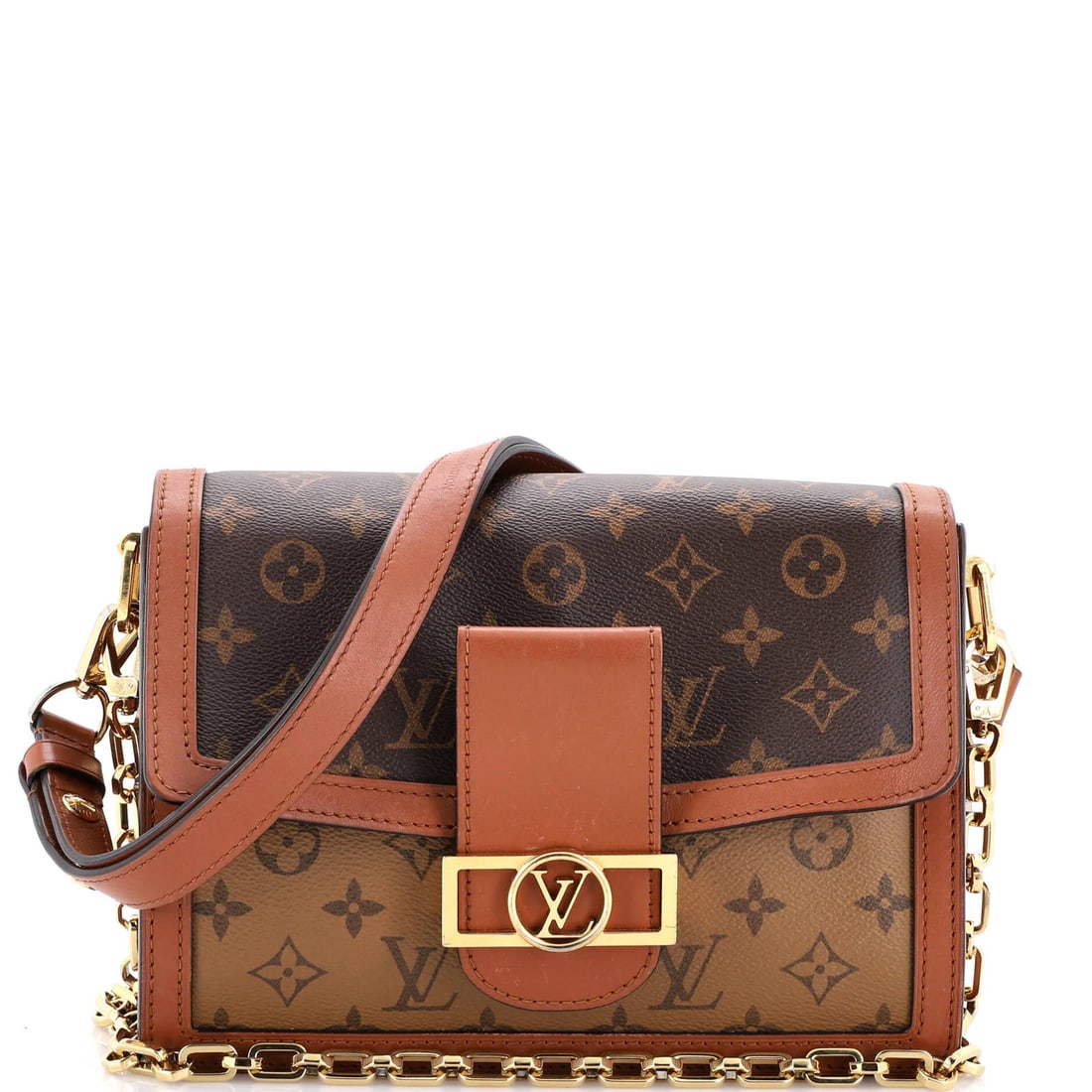 Vuitton Louis Monogram Dauphine Reverse Shoulder Bag Canvas MM: Vuitton Louis Monogram Dauphine Reverse Shoulder Bag Canvas MM The Louis Vuitton Dauphine Reverse Shoulder Bag Canvas MM is a stylish and versatile accessory, featuring a classic brown canvas