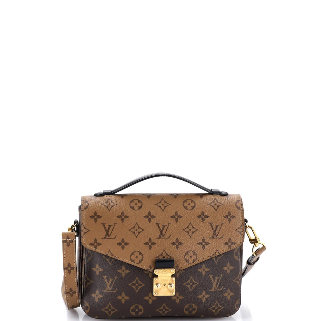 Monogram Reverse Canvas Pochette Louis Vuitton: Monogram Reverse Canvas Pochette Louis Vuitton This Louis Vuitton Pochette Metis Reverse Monogram Canvas Cross Body Bag boasts a rich brown exterior with a canvas-coated finish, featuring the iconic