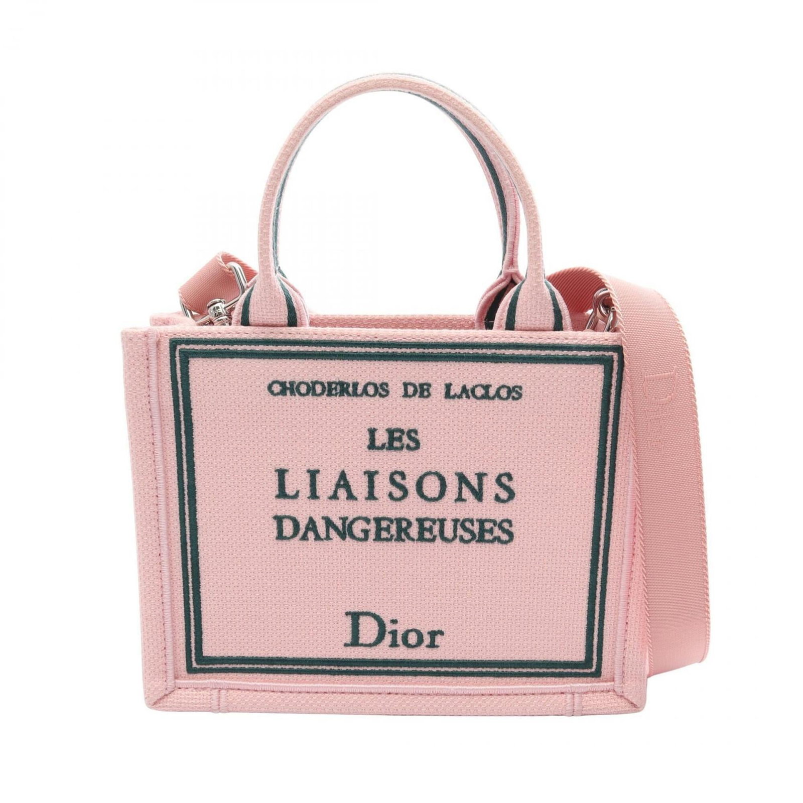 Handbag Canvas Dior Tote Christian: Handbag Canvas Dior Tote Christian Canvas Dior Tote in Green and Pink. This canvas handbag features a unique combination of green and pink hues, showcasing a stylish and eye-catching design. Measuring