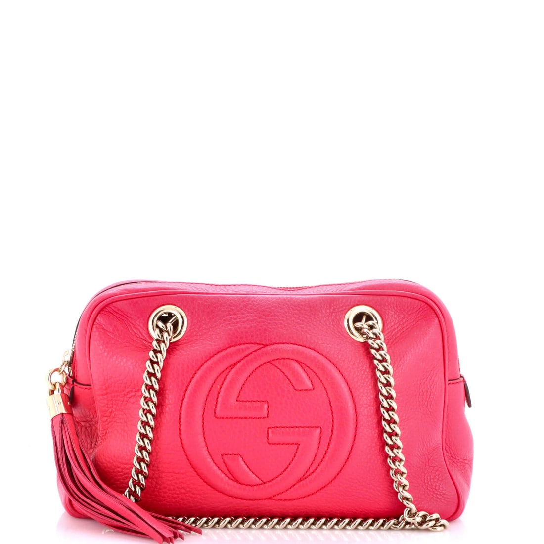 Small Leather Zip Chain Bag Gucci Soho: Small Leather Zip Chain Bag Gucci Soho Small Leather Zip Chain Bag Gucci Soho features a pink exterior with heavy edge wear, scuffs, and minor discoloration. The bag's interior is made of neutral fabr