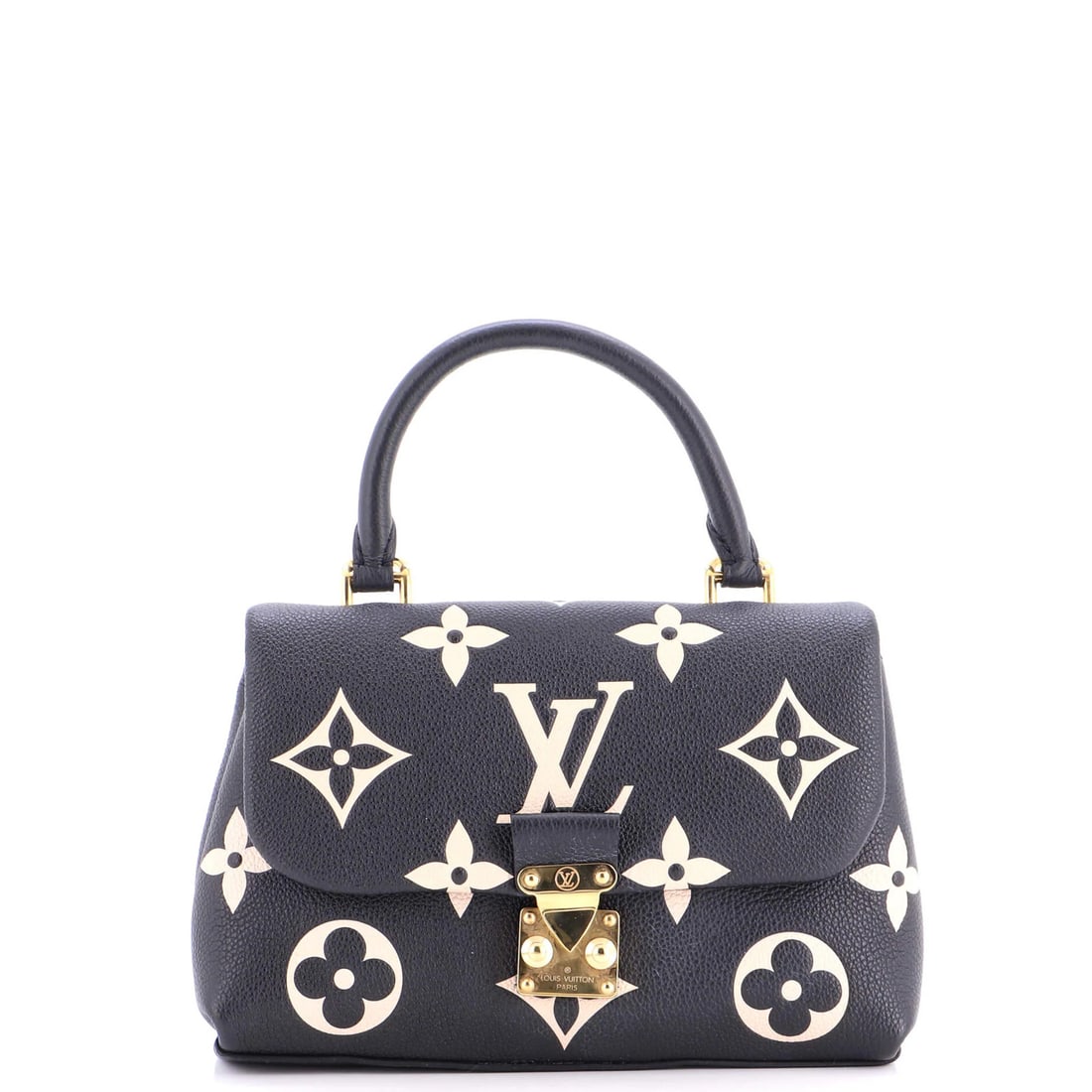 Monogram Empreinte Bicolor Giant Louis Vuitton Madeleine Handbag: Monogram Empreinte Bicolor Giant Louis Vuitton Madeleine Handbag Black Monogram Empreinte Giant BB exterior, scuffed and showing edge wear, in a classic Madeleine handbag style with 20-22" strap drop