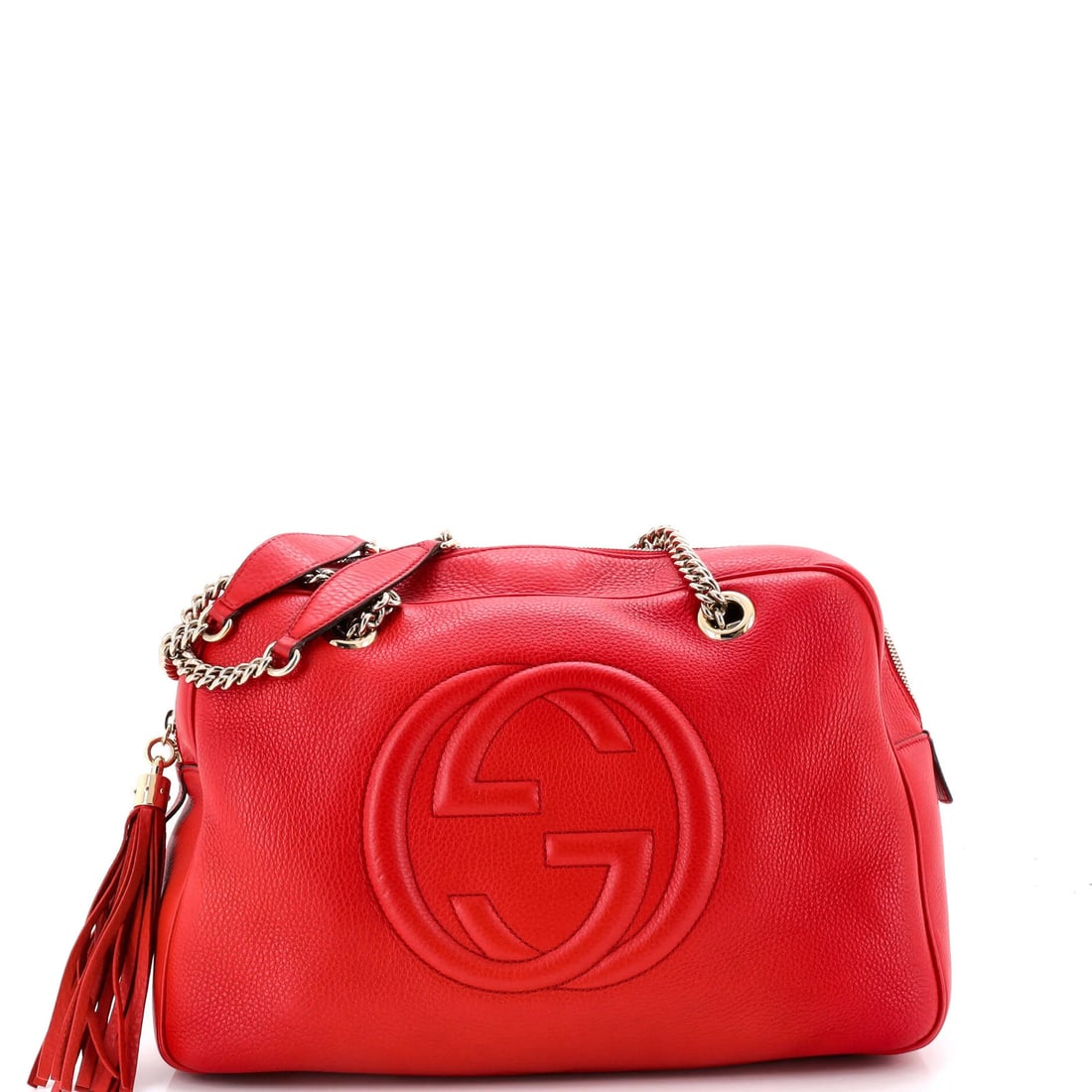 Chain Zip Shoulder Bag Leather Medium Gucci Soho: Chain Zip Shoulder Bag Leather Medium Gucci Soho Chain Zip Shoulder Bag Leather Medium Gucci Soho features a striking red exterior with chain zip closure, measuring 10" height, 15" width, and 6"