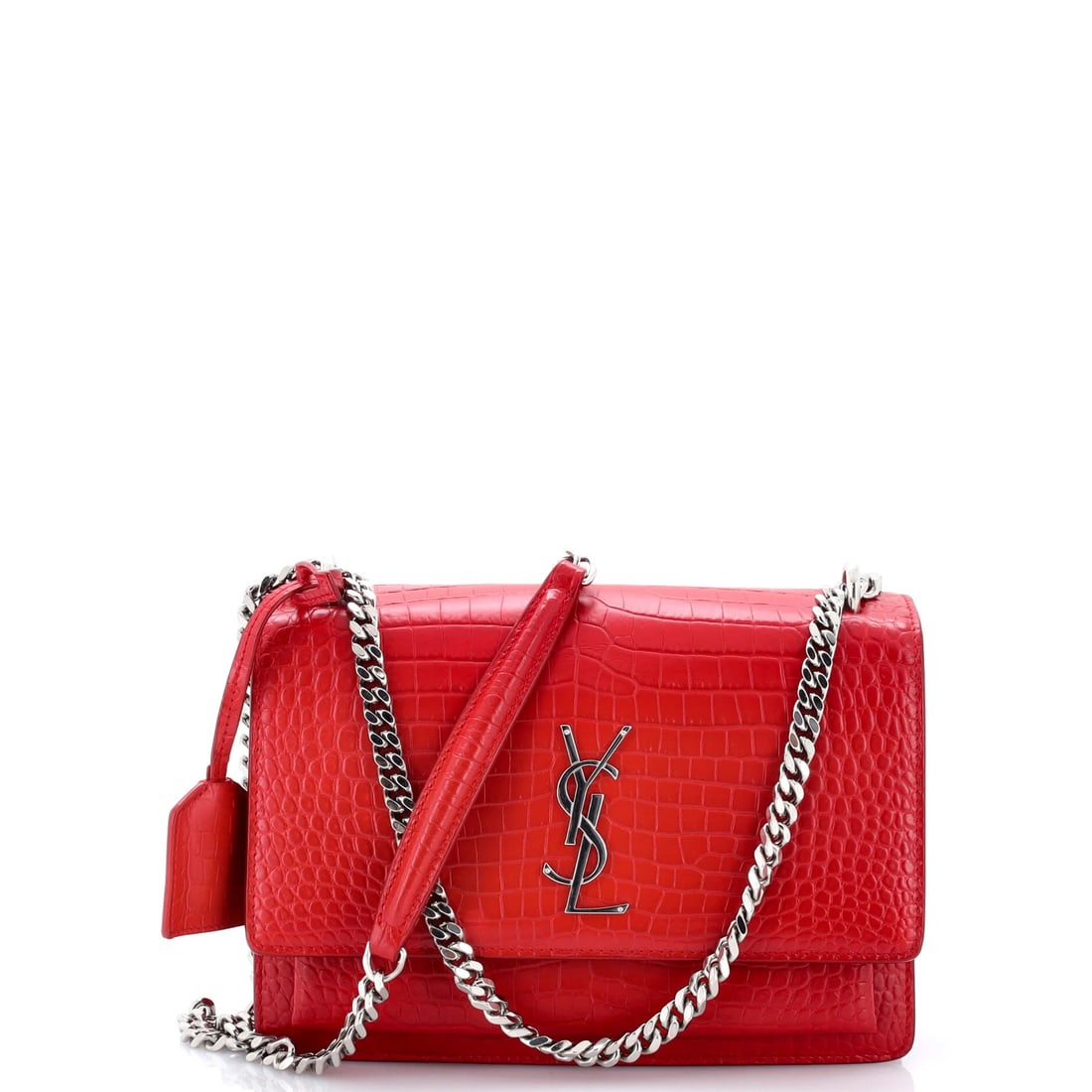 Laurent Saint Crocodile Embossed Leather Medium Crossbody Bag: Laurent Saint Crocodile Embossed Leather Medium Crossbody Bag Red crocodile embossed leather medium crossbody bag with suede interior, featuring silver hardware and a classic design. The bag has
