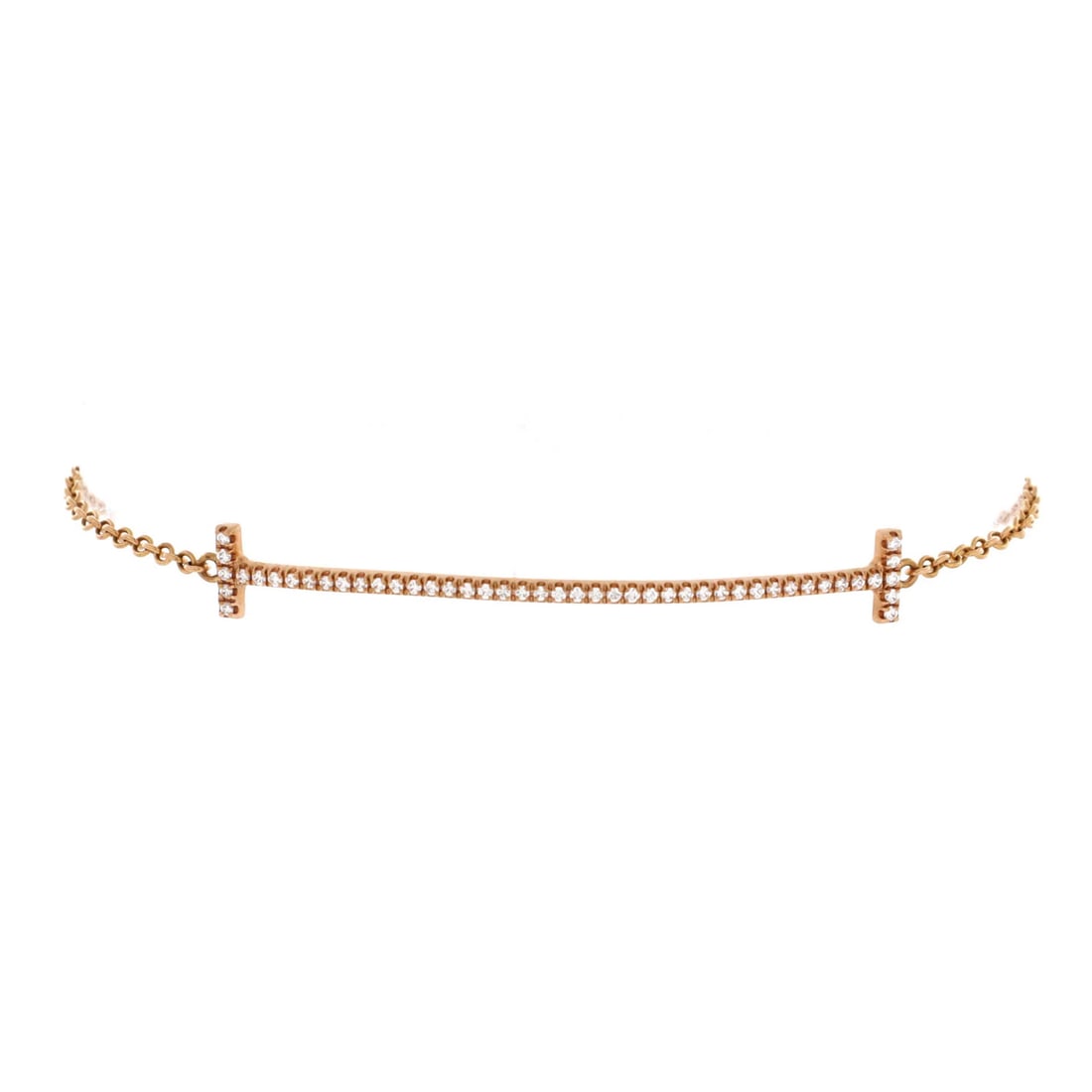 T Smile Chain Bracelet with Diamonds Rose Gold 18K Medium: T Smile Chain Bracelet with Diamonds Rose Gold 18K Medium Tiffany & Co.'s T Smile Chain Bracelet with Diamonds is a stunning 18K rose gold piece featuring diamonds. This medium-sized bracelet boasts