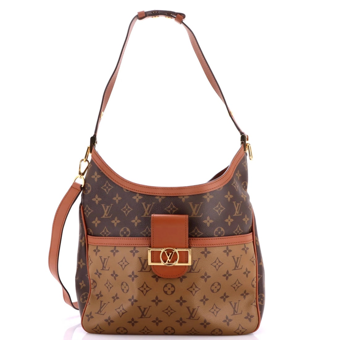 Louis Vuitton Dauphine Hobo Reverse Monogram Canvas MM: Louis Vuitton Dauphine Hobo Reverse Monogram Canvas MM Brown Louis Vuitton Dauphine Hobo Reverse Monogram Canvas MM with gold hardware and black interior. Features a heavy edge wear, scuffs, and