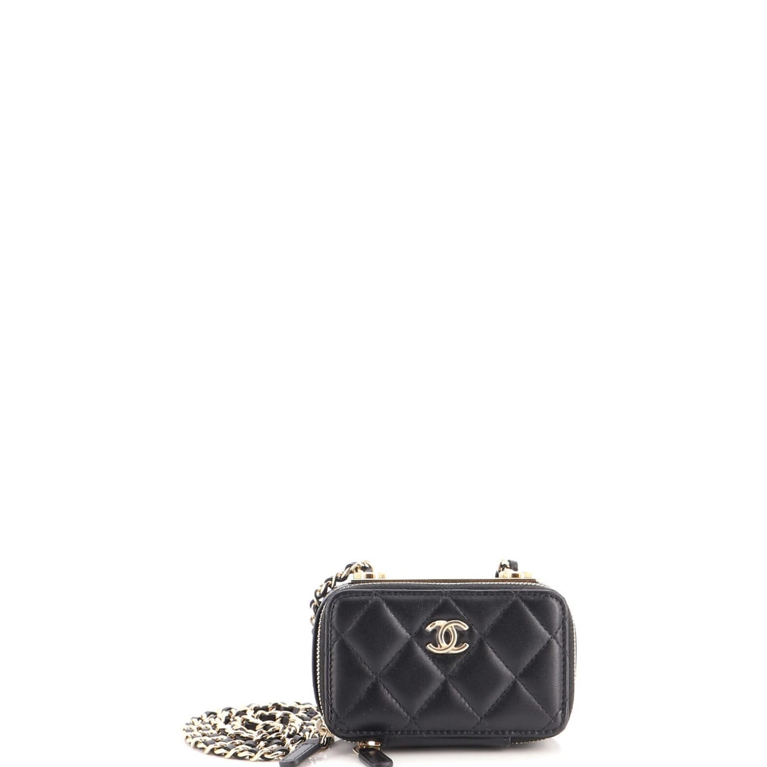 Trendy CC Lambskin Quilted Chain Card Holder: Trendy CC Lambskin Quilted Chain Card Holder Black quilted lambskin exterior, gold tone hardware, and a sleek chain strap make this Trendy CC Zip Card Holder on Chain a stylish accessory. Measuring