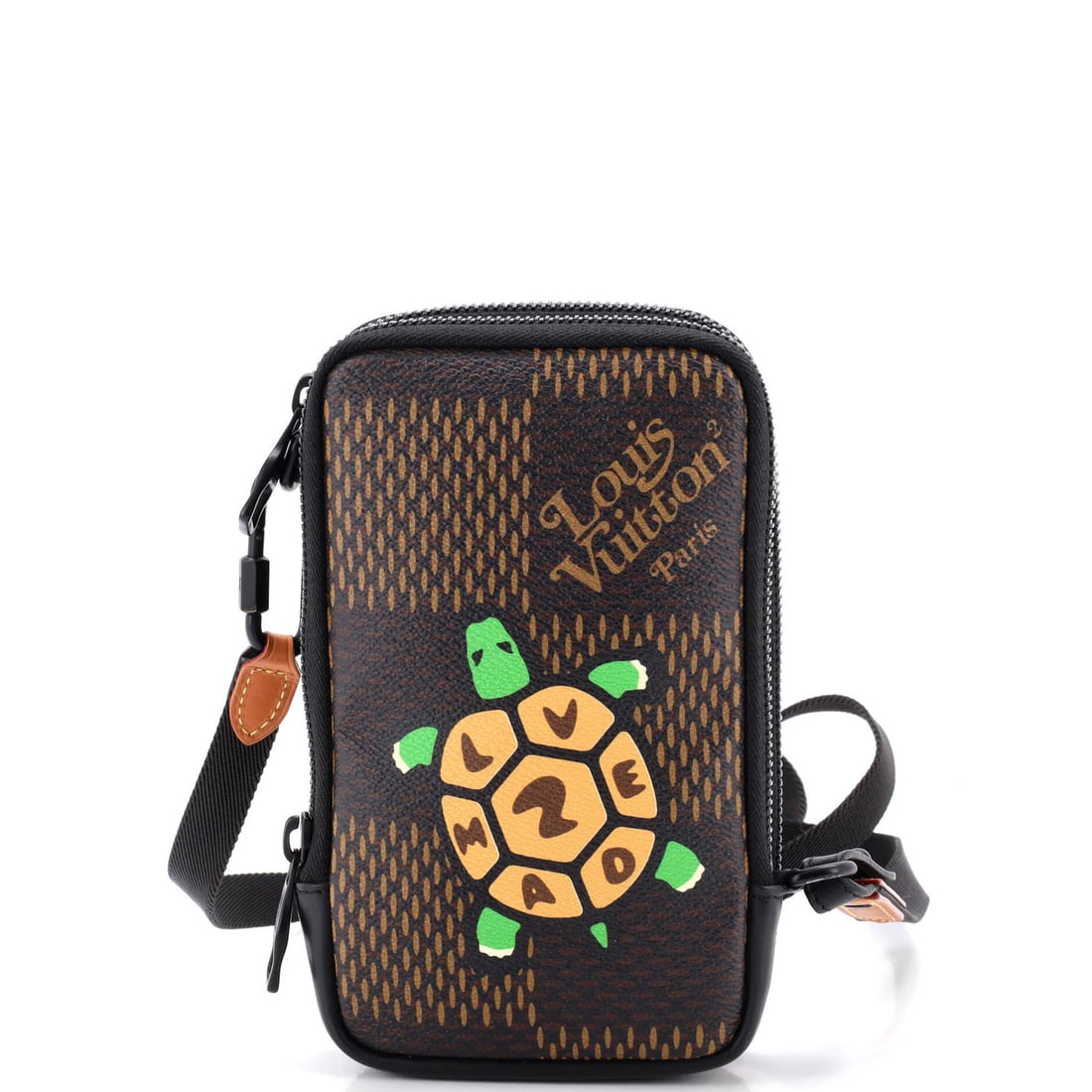 Nigo Louis Vuitton Damier Giant Phone Pouch Printed Limited Edition: Nigo Louis Vuitton Damier Giant Phone Pouch Printed Limited Edition Brown canvas coated Louis Vuitton cross body bag with a printed giant Damier design, featuring a double phone pouch. The bag's