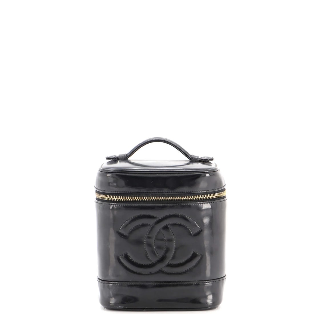 Timeless Cosmetic Case Patent Tall Chanel Vintage: Timeless Cosmetic Case Patent Tall Chanel Vintage Tall and sleek, this vintage Chanel Timeless Cosmetic Case boasts a striking patent leather exterior in black, adorned with gold hardware. The case's