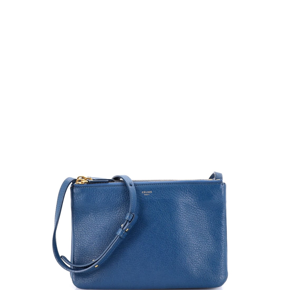 Small Leather Crossbody Bag Trio Celine: Small Leather Crossbody Bag Trio Celine Small Leather Crossbody Bag Trio Celine in Blue features a classic design with a 5" drop handle, 23" adjustable strap, and a compact 6" x 8.5" x 2" size. The