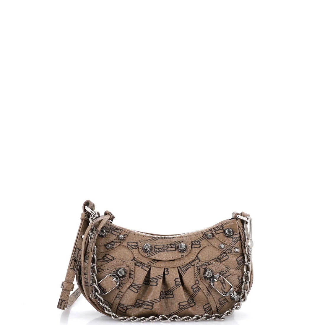 Giant Studs Coated Canvas Mini BB Monogram Bag Shoulder Le: Giant Studs Coated Canvas Mini BB Monogram Bag Shoulder Le Brown canvas coated mini bag with giant studs, featuring a classic hobos style and extra strap for added convenience. The bag measures 6" dro
