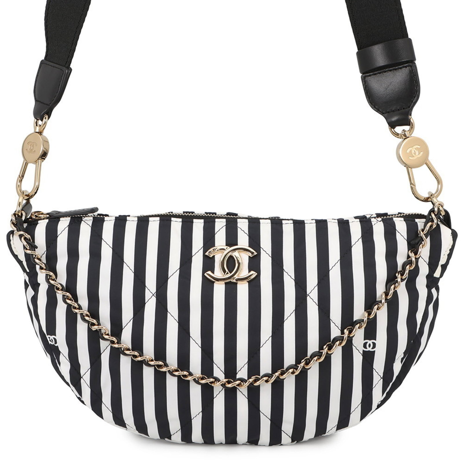 Shoulder Bag Nylon Handbag Chanel: Shoulder Bag Nylon Handbag Chanel Black and White Nylon Shoulder Bag with Champagne Gold Hardware. Made from durable nylon, this shoulder bag features a classic design with a timeless color combinatio