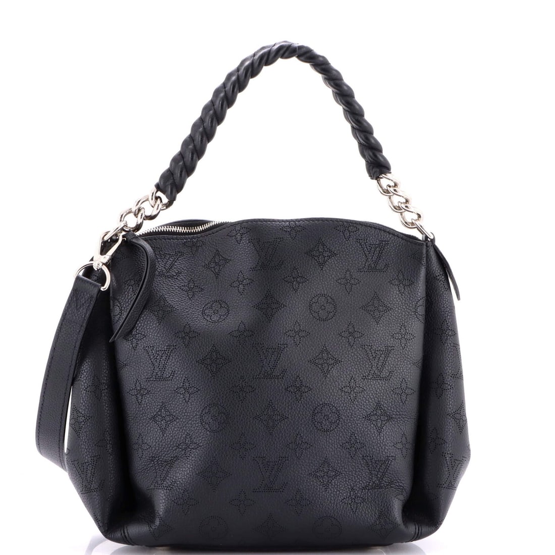 Handbag Mahina Leather Louis Vuitton Babylone: Handbag Mahina Leather Louis Vuitton Babylone Black Louis Vuitton Babylone Handbag Mahina Leather BB with silver hardware, featuring a classic hobos style and microfiber interior in brown, measures