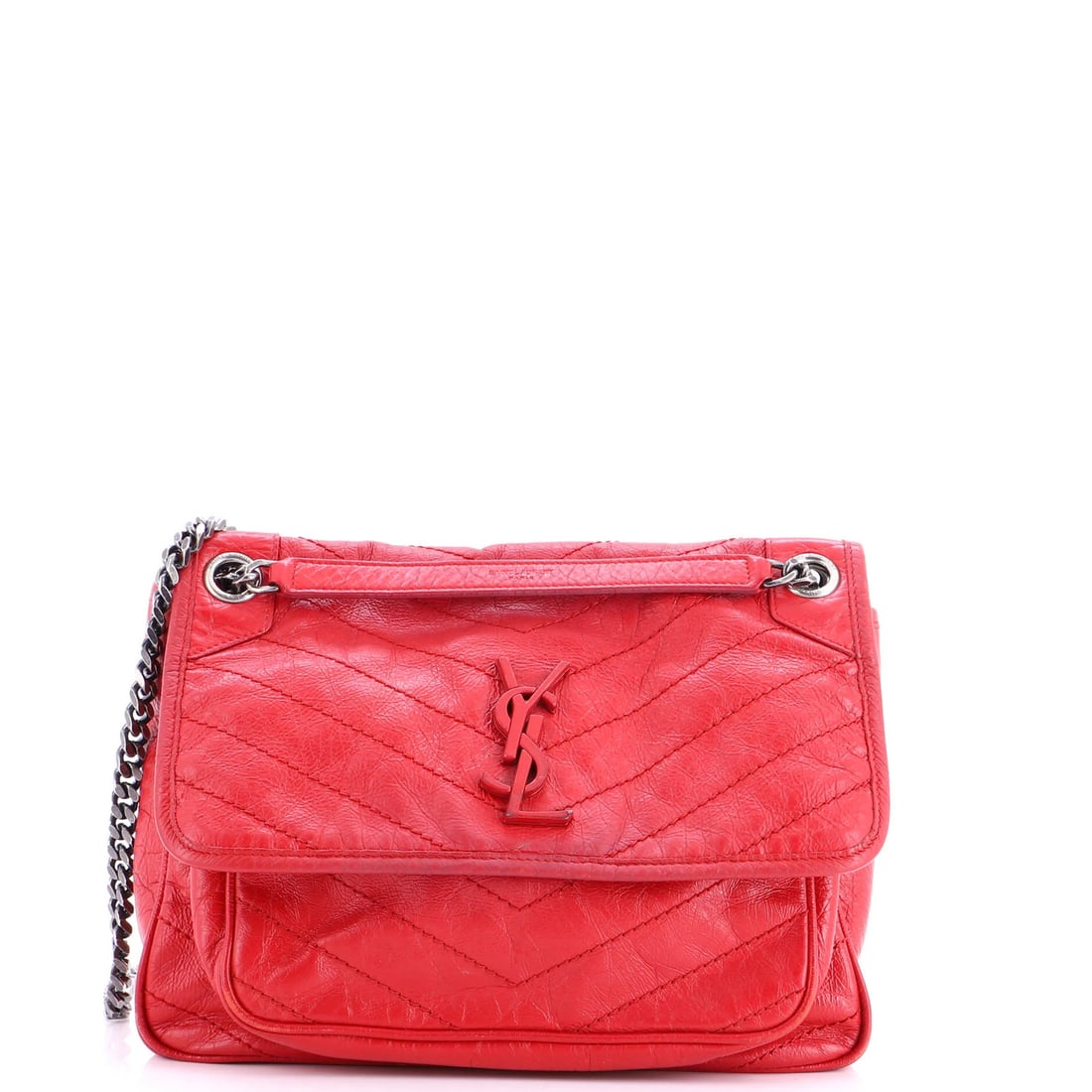 Matelasse Chevron Leather Medium Niki Saint Laurent Chain Flap Bag: Matelasse Chevron Leather Medium Niki Saint Laurent Chain Flap Bag The Matelasse Chevron Leather Medium Niki Saint Laurent Chain Flap Bag is a striking piece featuring a bold red exterior with