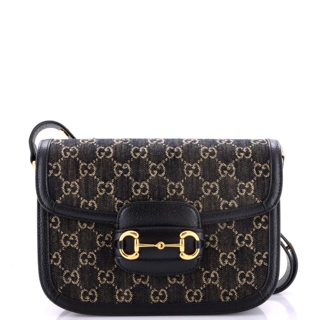 Gucci Horsebit Bag Denim Small 1955 Shoulder: Gucci Horsebit Bag Denim Small 1955 Shoulder Denim small shoulder bag with iconic Horsebit 1955 design, featuring black exterior and neutral interior, and gold hardware. This excellent condition bag