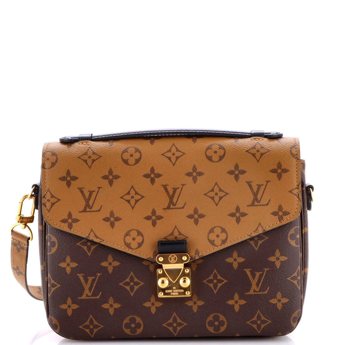 Monogram Reverse Canvas Pochette Louis Vuitton: Monogram Reverse Canvas Pochette Louis Vuitton Brown Monogram Reverse Canvas Pochette with Gold Hardware, featuring a cross body design and repainted wax edges, measures 8" tall, 9.5" wide, and 3" dee