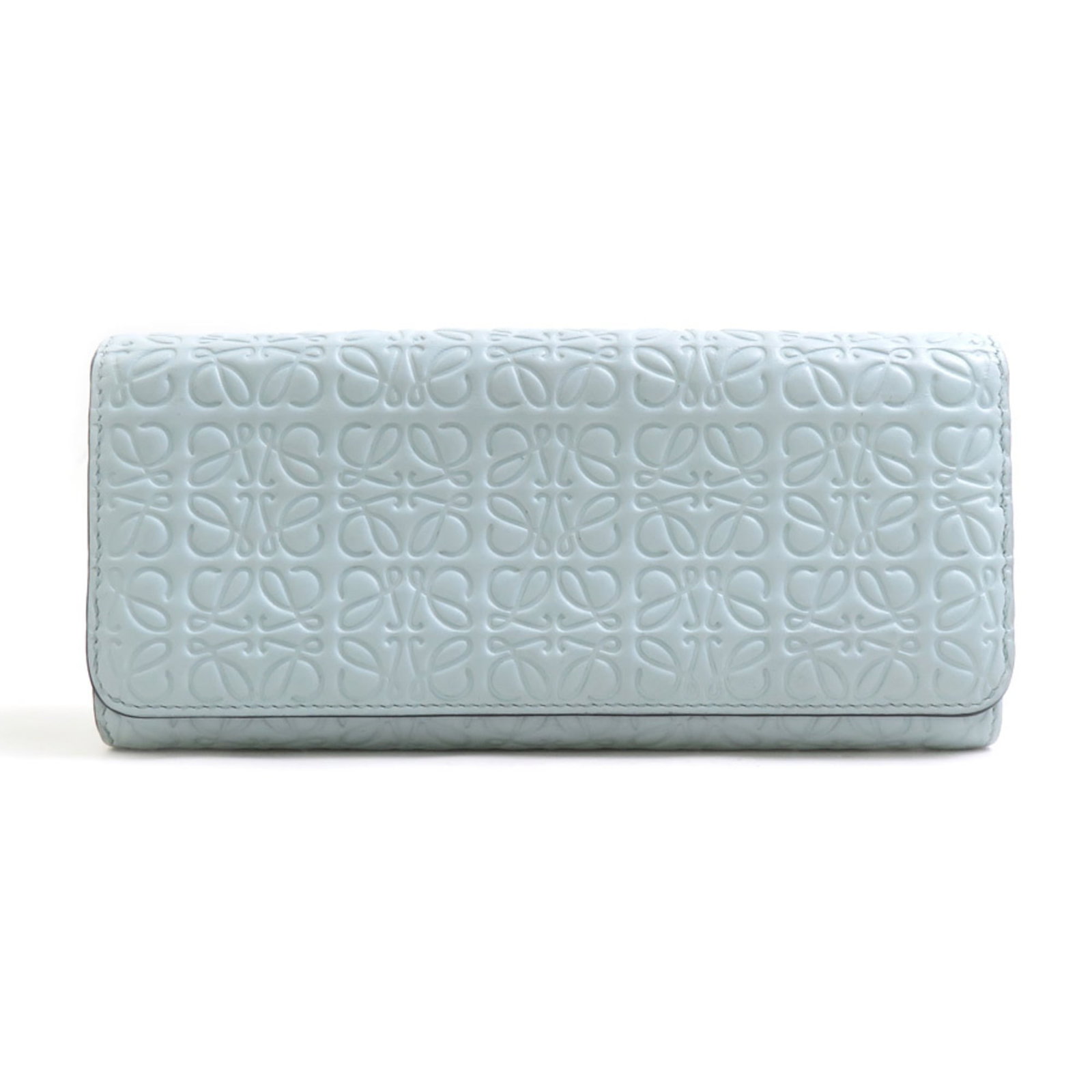 Leather Bi Fold Long Wallet: Leather Bi Fold Long Wallet Light blue leather bi-fold long wallet from Loewe, measuring 8.7cm x 19cm x 3cm. This stylish wallet features a classic design with a durable leather construction. Its