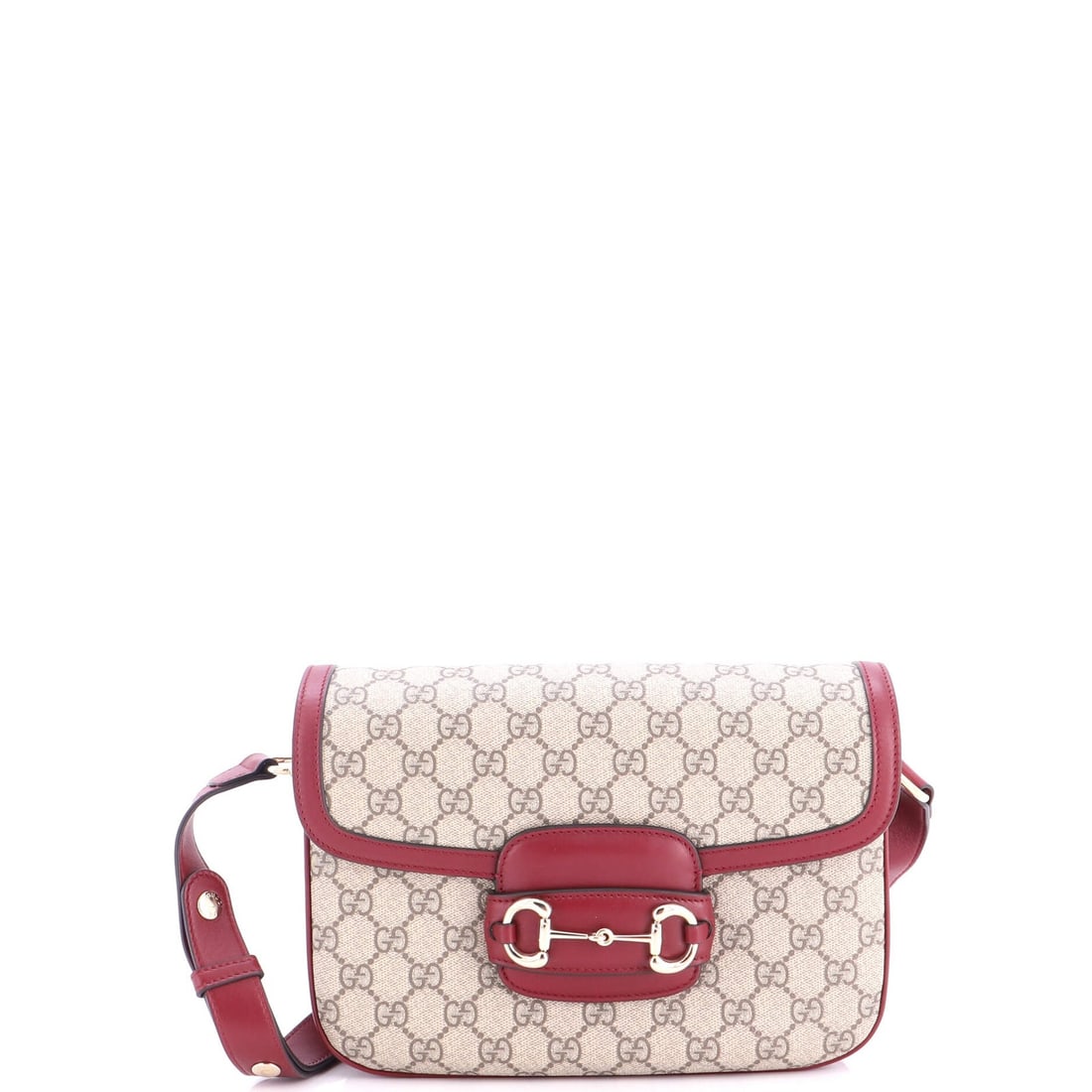 Gucci Horsebit Soft Shoulder Bag Coated Canvas GG Leather Small: Gucci Horsebit Soft Shoulder Bag Coated Canvas GG Leather Small Burgundy canvas coated leather exterior with gold hardware, this Gucci Horsebit Soft Shoulder Bag features a neutral interior and