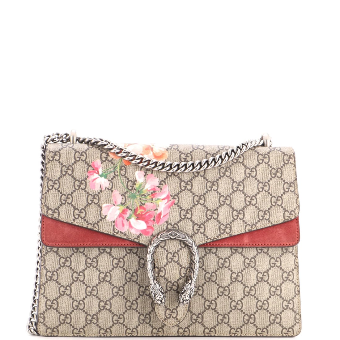 Gucci Dionysus Bag Blooms Print GG Coated Canvas Medium: Gucci Dionysus Bag Blooms Print GG Coated Canvas Medium The Gucci Dionysus Bag Blooms Print GG Coated Canvas Medium boasts a striking burgundy and brown exterior, adorned with a beautiful blooms