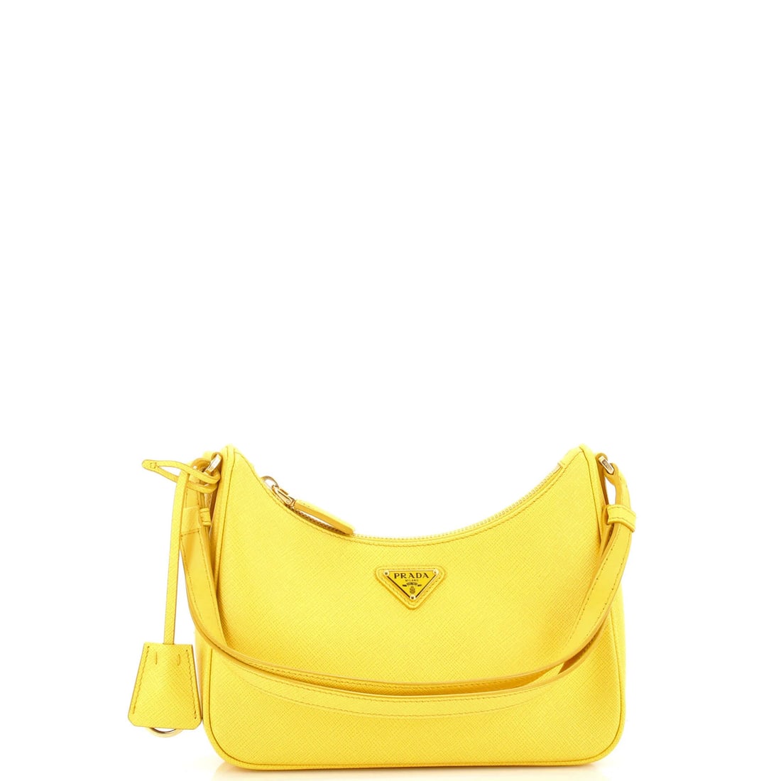 Saffiano Leather Hobo Re Edition Prada: Saffiano Leather Hobo Re Edition Prada Saffiano Leather Hobo Re Edition Prada features a vibrant yellow exterior, crafted from high-quality Saffiano leather, and adorned with gold hardware. This mini 