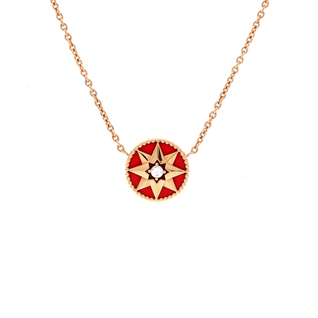 Diamond Pendant Necklace 18K Rose Gold with Rose des Vents: Diamond Pendant Necklace 18K Rose Gold with Rose des Vents 18K Rose Gold Diamond Pendant Necklace with Rose des Vents Design. This stunning 18K rose gold necklace features a diamond pendant with a uni