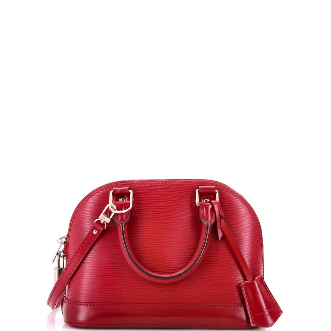 Vuitton Alma Handbag Epi Leather BB: Vuitton Alma Handbag Epi Leather BB Pink Louis Vuitton Alma Handbag Epi Leather BB features a signature top handle and a sleek design. The bag's exterior shows signs of wear, including scuffs, edge