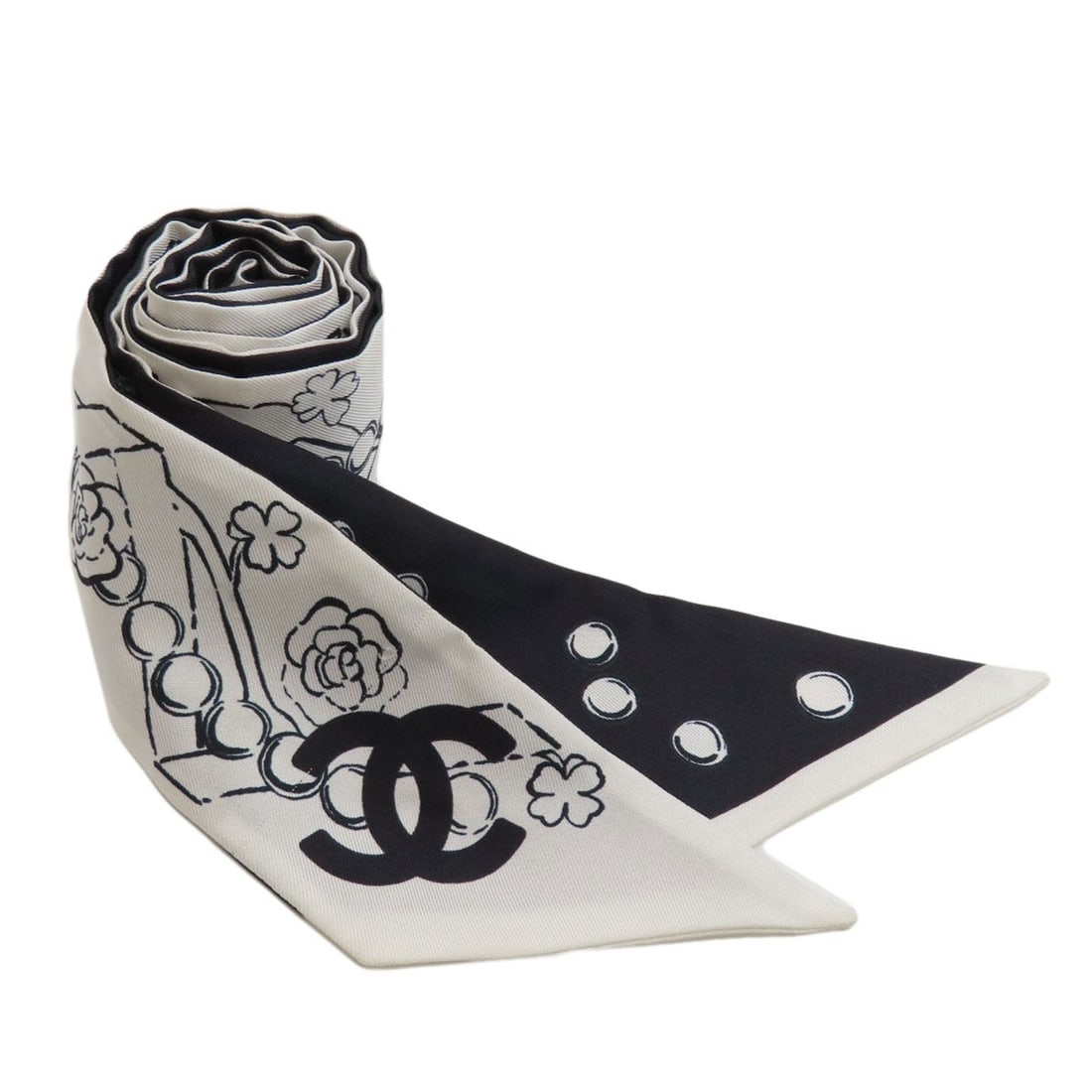 Mark Coco Chanel Slim Band Scarf Silk: Mark Coco Chanel Slim Band Scarf Silk Silk scarf with a slim band, made from high-quality material, features a white exterior and open closure. This CHANEL scarf bears a signature and is made from sil