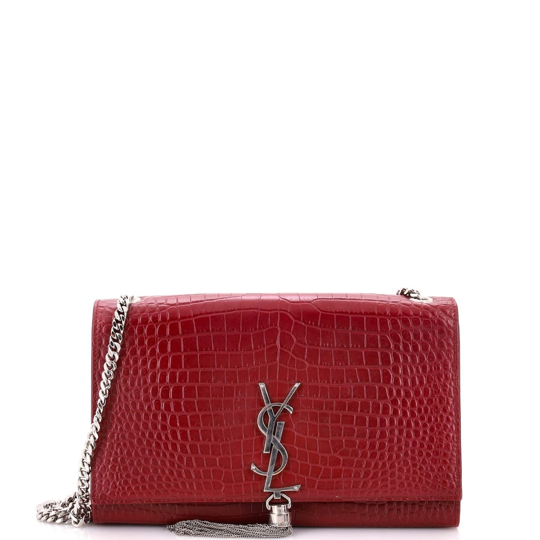 Crocodile Embossed Leather Saint Laurent Classic Tassel Bag Monogram Crossbody: Crocodile Embossed Leather Saint Laurent Classic Tassel Bag Monogram Crossbody Burgundy crocodile embossed leather meets timeless elegance in this Saint Laurent Classic Tassel Bag Monogram Crossbody.