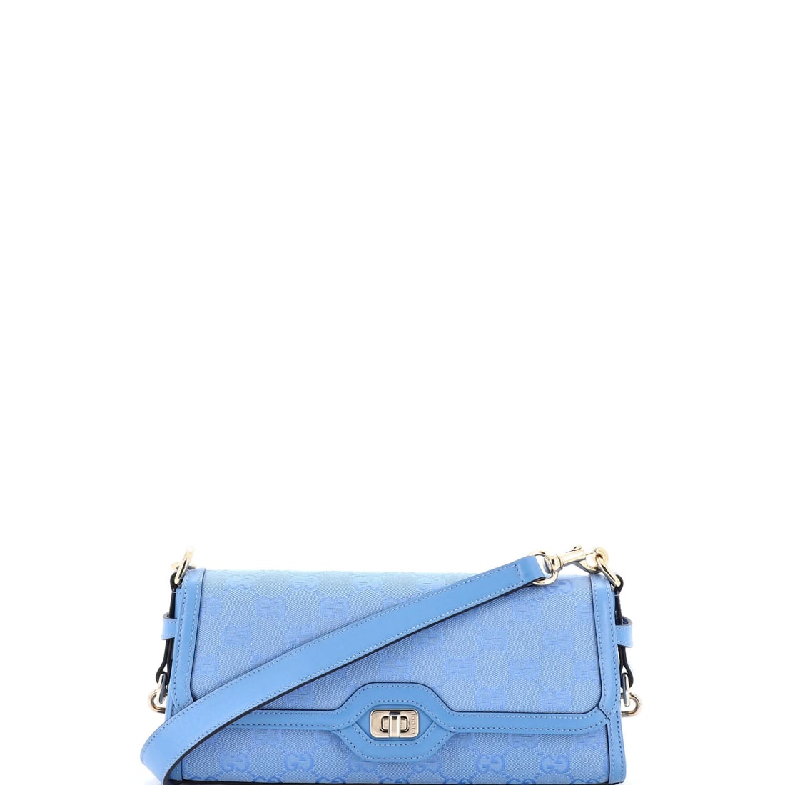 Gucci Small Canvas Luce Shoulder Bag: Gucci Small Canvas Luce Shoulder Bag The Gucci Small Canvas Luce Shoulder Bag boasts a striking blue canvas exterior with gold hardware, perfectly balanced by a crisp blue interior. Measuring 5" tall,