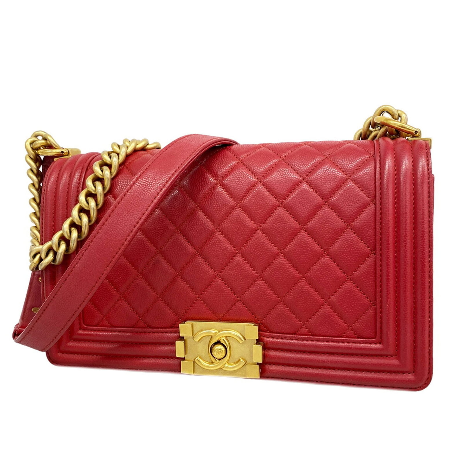 Calfskin Grained Chanel Bag Shoulder: Calfskin Grained Chanel Bag Shoulder Grained calfskin shoulder bag in vibrant red color, adorned with gold hardware, adds a pop of elegance to any outfit. Measuring 16.5cm x 25cm x 8cm, this stylish s