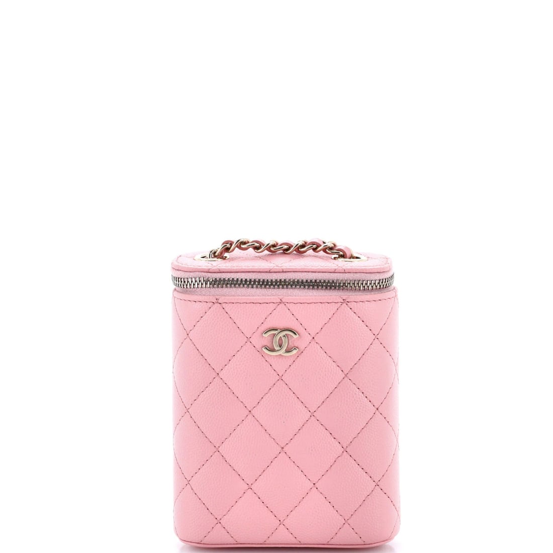 Classic Vertical Caviar Chain Quilted Chanel Small Vanity Case: Classic Vertical Caviar Chain Quilted Chanel Small Vanity Case The Classic Vertical Caviar Chain Quilted Chanel Small Vanity Case boasts a striking pink leather exterior with chain quilted details, ad