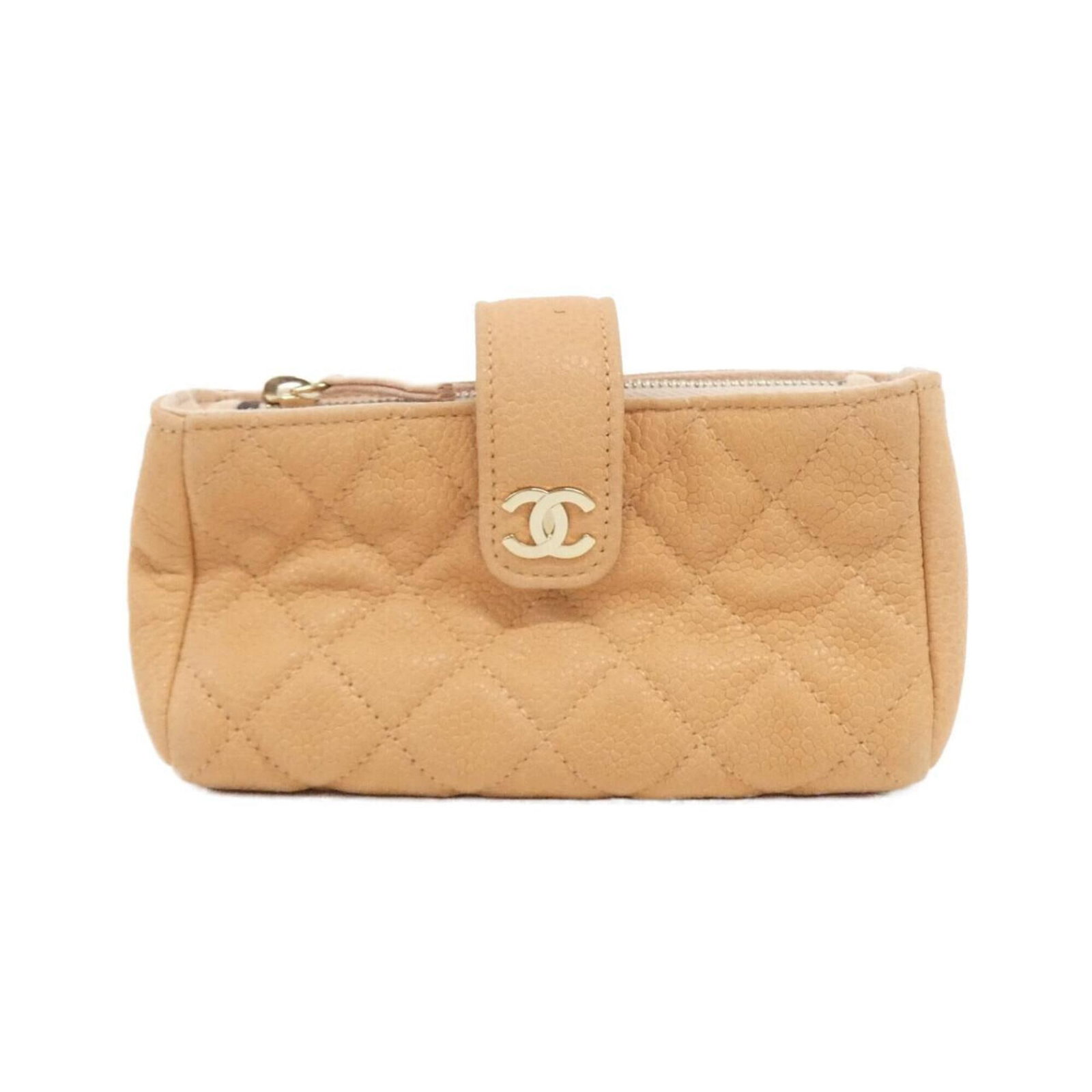Calfskin Handbag Pouch Chanel: Calfskin Handbag Pouch Chanel Grained Calfskin Handbag Pouch from Chanel features a vibrant orange color and gold hardware, showcasing the brand's signature style. Made from high-quality material,