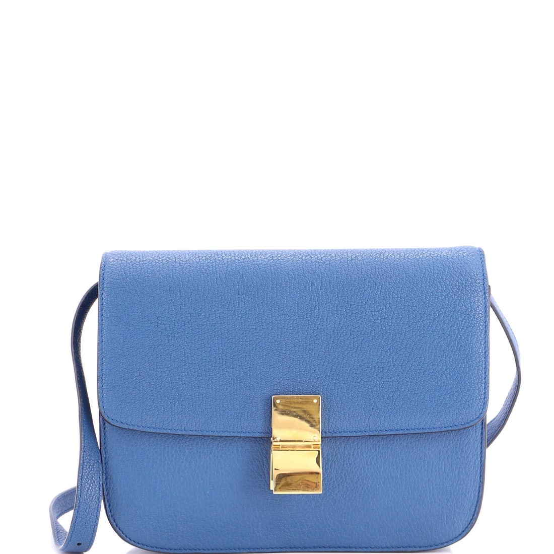 Classic Box Bag Grainy Leather Medium Celine: Classic Box Bag Grainy Leather Medium Celine The Celine Classic Box Bag Grainy Leather Medium boasts a striking blue exterior with a rich, grained leather finish, complemented by gold hardware.