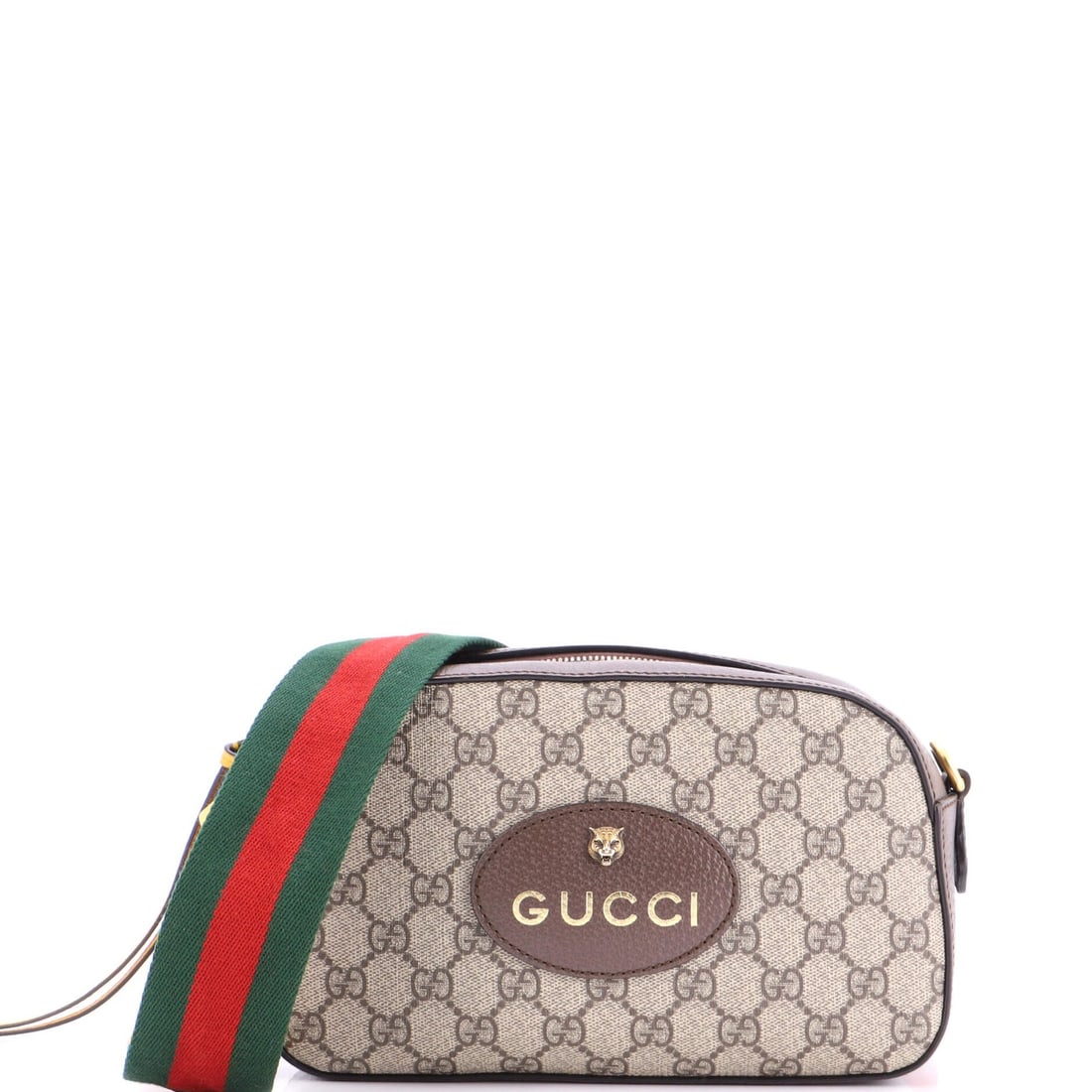 Coated Canvas GG Gucci Messenger Bag Vintage Neo Camera: Coated Canvas GG Gucci Messenger Bag Vintage Neo Camera Brown canvas coated GG Gucci Neo Vintage Camera Messenger Bag with neutral interior and aged gold hardware, featuring minor scuffs, creases,
