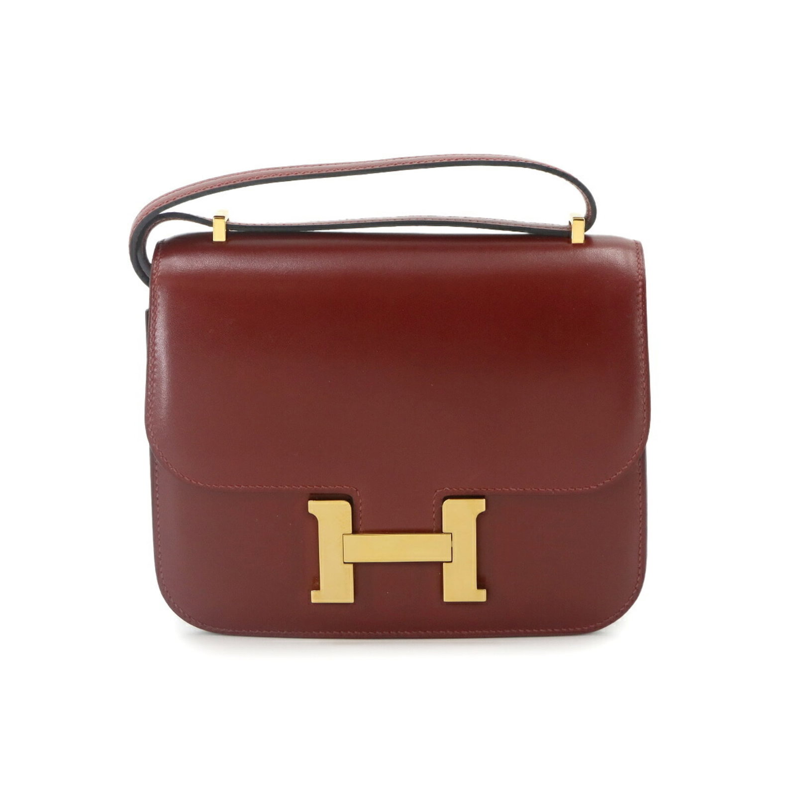 Calf Leather Handbag Box Hermes Shoulder: Calf Leather Handbag Box Hermes Shoulder Box calf leather, a rich and luxurious material, makes up the entire body of this elegant shoulder bag from the Hermes Constance line. The subtle Rouge color