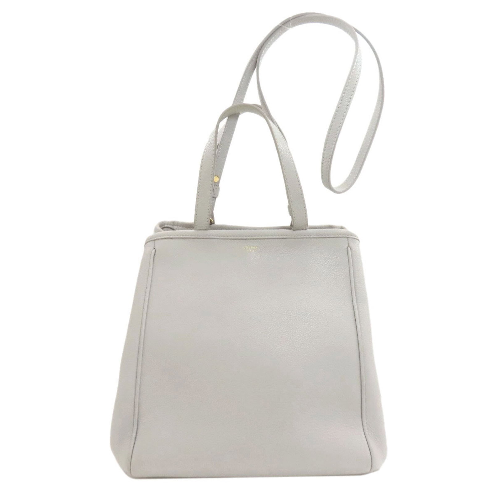 Celine Handbag Leather: Celine Handbag Leather Calfskin leather handbag from Celine, featuring a gray color and open closure. Measuring 24cm x 43cm x 13cm, this stylish accessory is designed for women. Made from