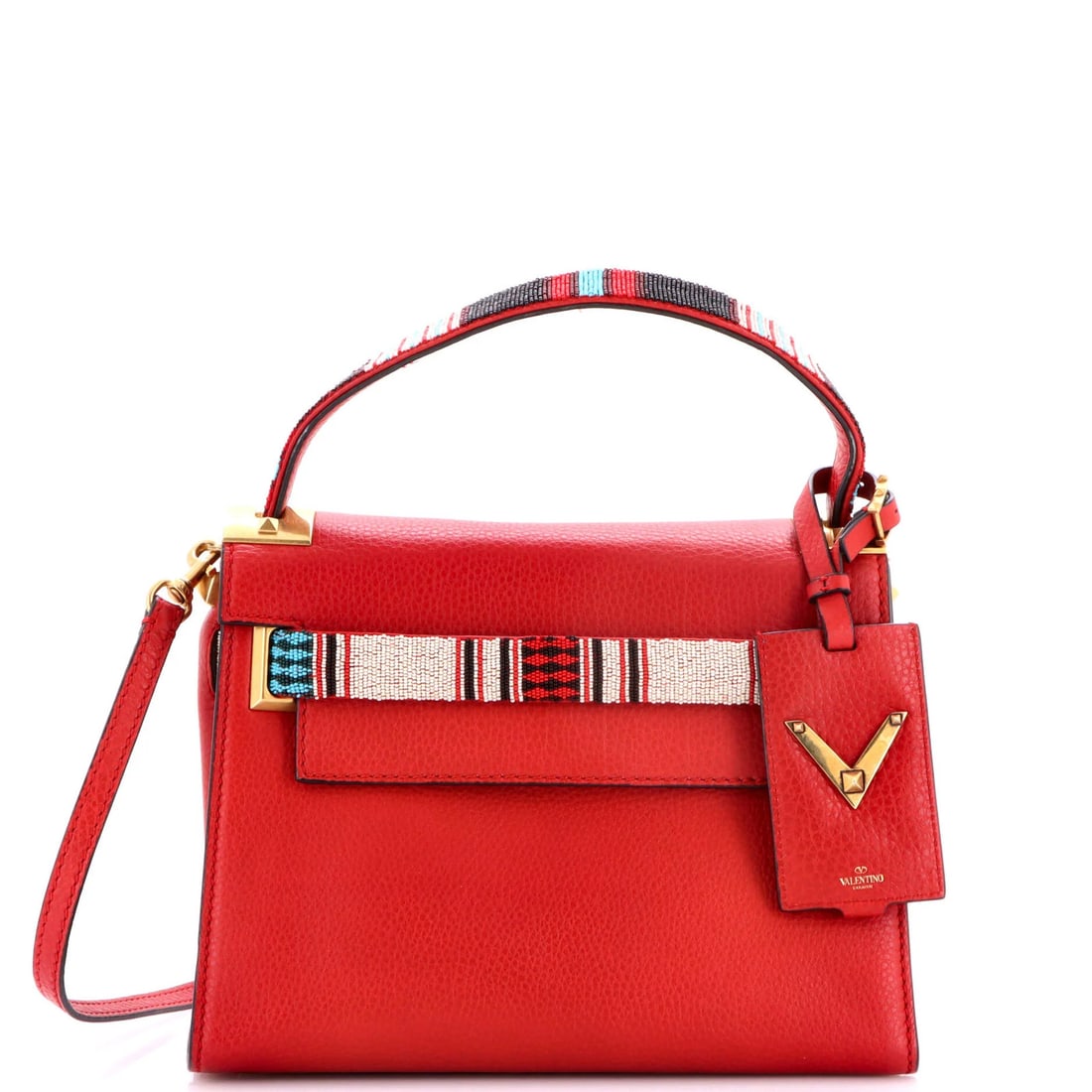 My Rockstud Satchel Leather Valentino Garavani Beaded Detail Small: My Rockstud Satchel Leather Valentino Garavani Beaded Detail Small Small Red Rockstud Satchel with Beaded Detail from Valentino Garavani, featuring a classic top handle design and minor creases and
