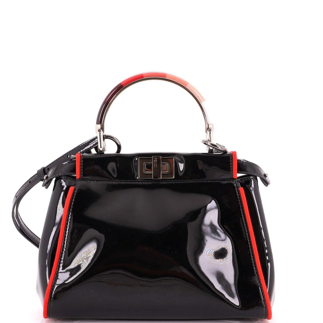 Patent Fendi Mini Peekaboo Handle Resin Bag: Patent Fendi Mini Peekaboo Handle Resin Bag Patent Fendi Mini Peekaboo Handle Resin Bag - A sleek and stylish mini shoulder bag with a patent leather exterior in black, accented with a touch of red. T