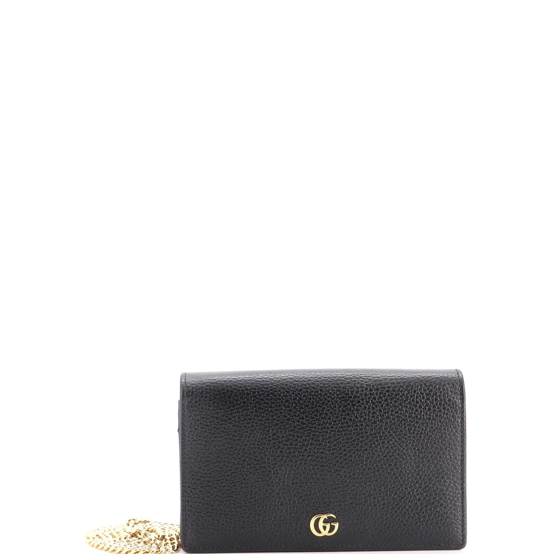 Gucci Petite Leather Mini Chain Wallet Marmont GG: Gucci Petite Leather Mini Chain Wallet Marmont GG Black leather mini chain wallet with a signature Marmont GG design, featuring a compact cross body style and a 23" strap drop. The exterior shows mino