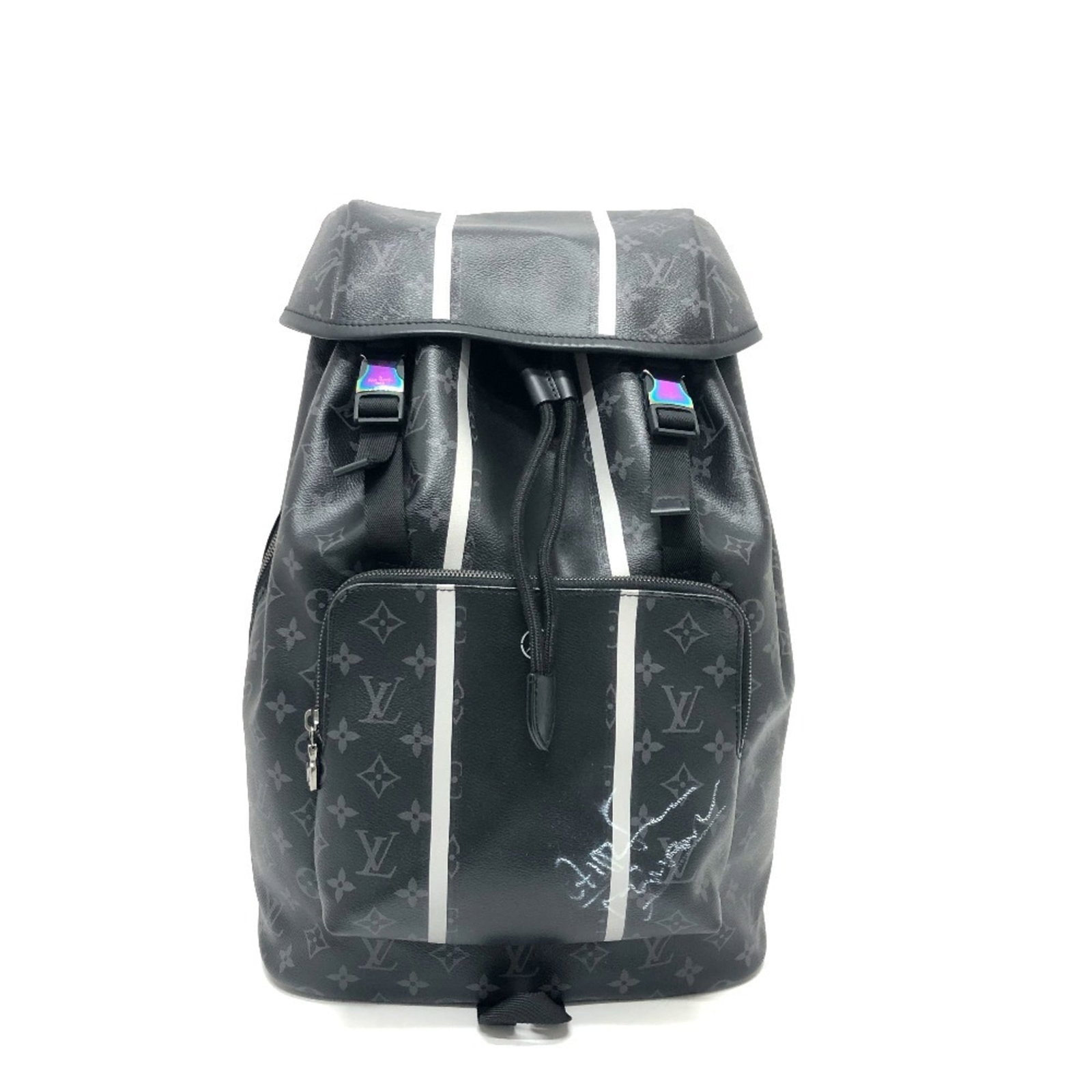 Louis Vuitton Backpack: Louis Vuitton Backpack Black Louis Vuitton backpack with silver hardware, measuring 42cm x 30cm x 16cm. This stylish backpack features a classic design with clean lines and a sleek black finish. Item